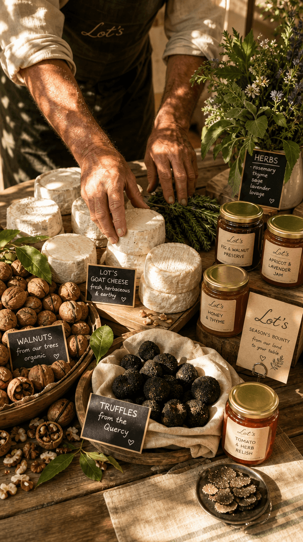 Vue plongeante sur une table de marché du Lot avec fromages de chèvre, noix, truffes, conserves et herbes fraîches.